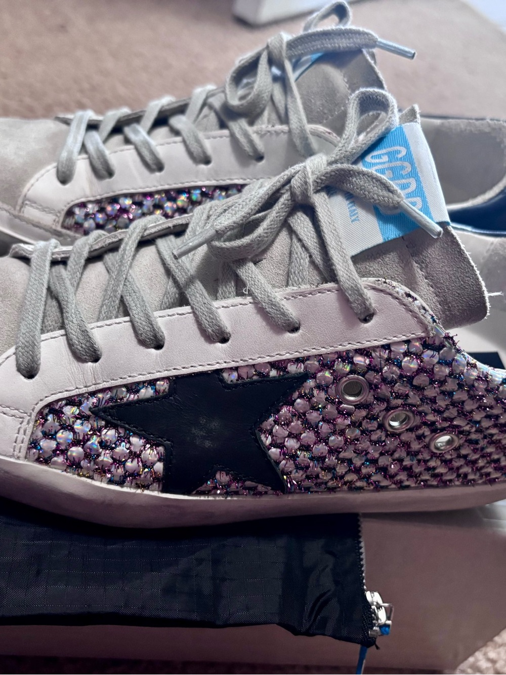Golden Goose Grey Suede Sneakers with Iridescent Mesh Panels and Black Star